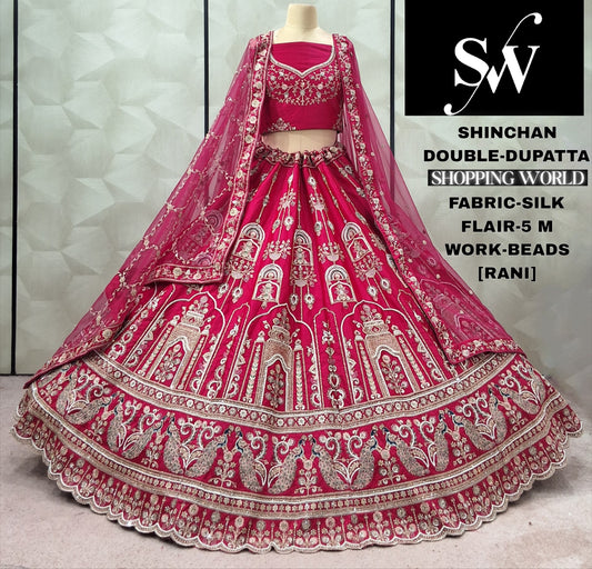 Glamorous Red Silk Double Dupatta peacock Bridal Lehenga