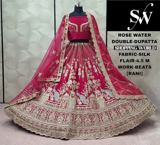 Astonishing Red Silk Double Dupatta peacock Bridal Lehenga