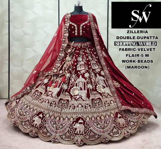 Fantastic Maroon Velvet Double Dupatta Bridal Lehenga