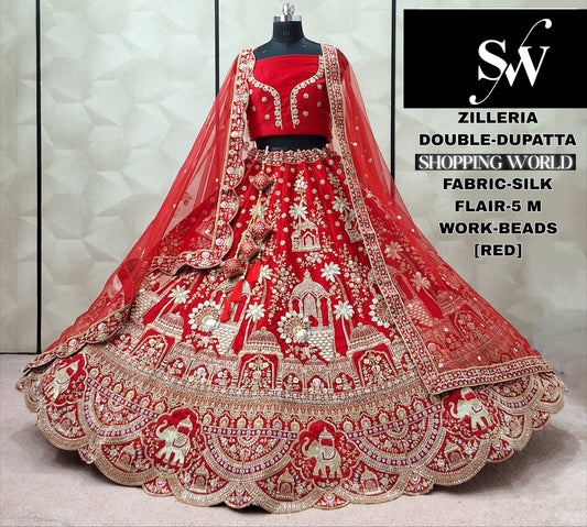 Attractive Red Velvet Double Dupatta Bridal Lehenga