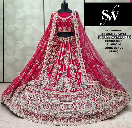 Delightful Rani pink Silk Double Dupatta Peacock Bridal Lehenga