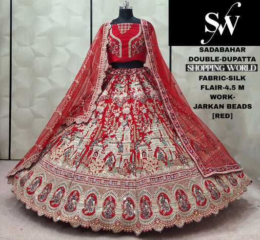 Eye Catching Red Silk Double Dupatta Bridal Lehenga