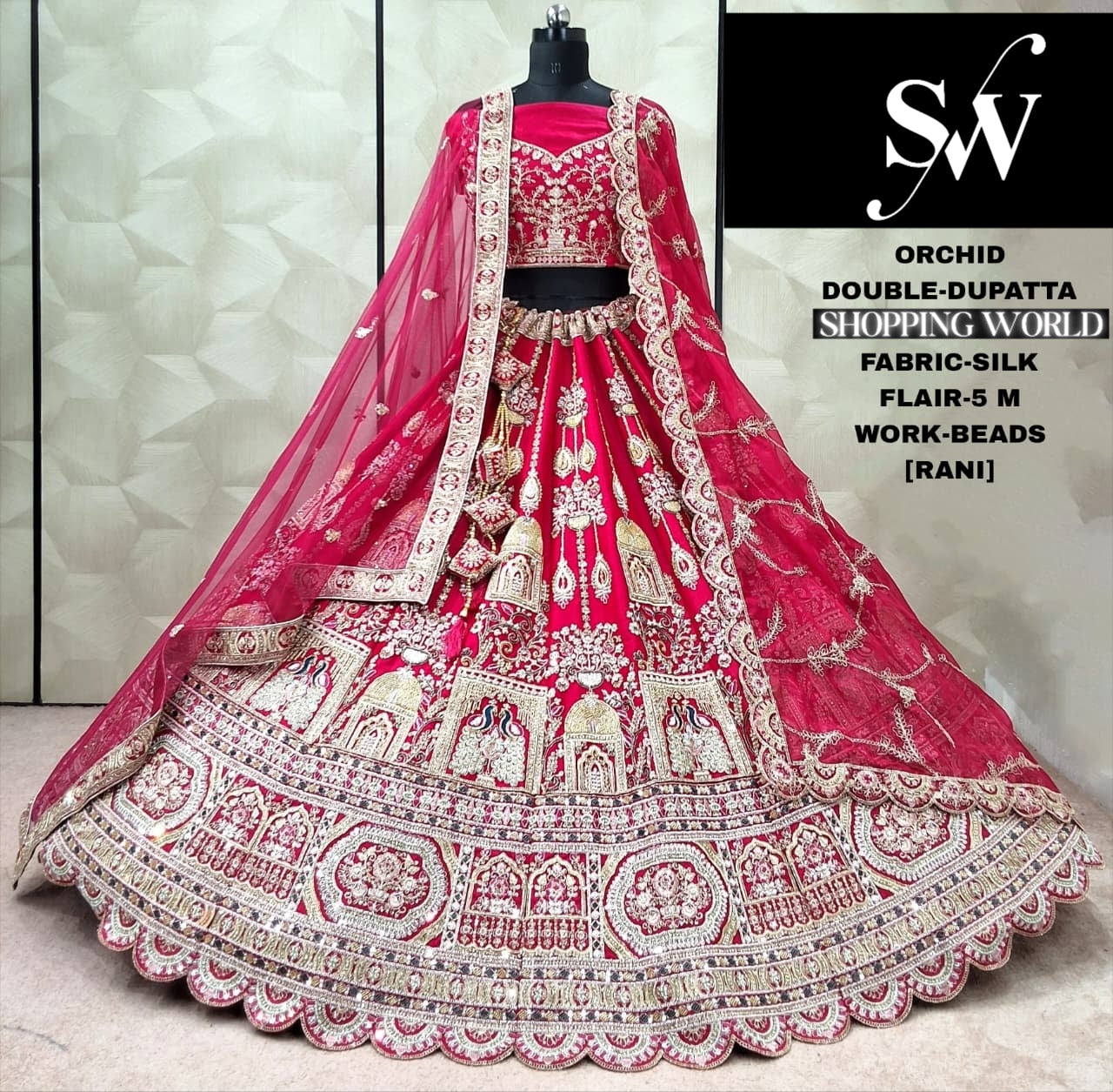 Glamorous Red Silk Double Dupatta Bridal Lehenga