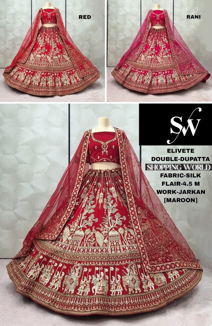 Pleasing Maroon Red Rani pink Silk Double Dupatta Bridal Lehenga