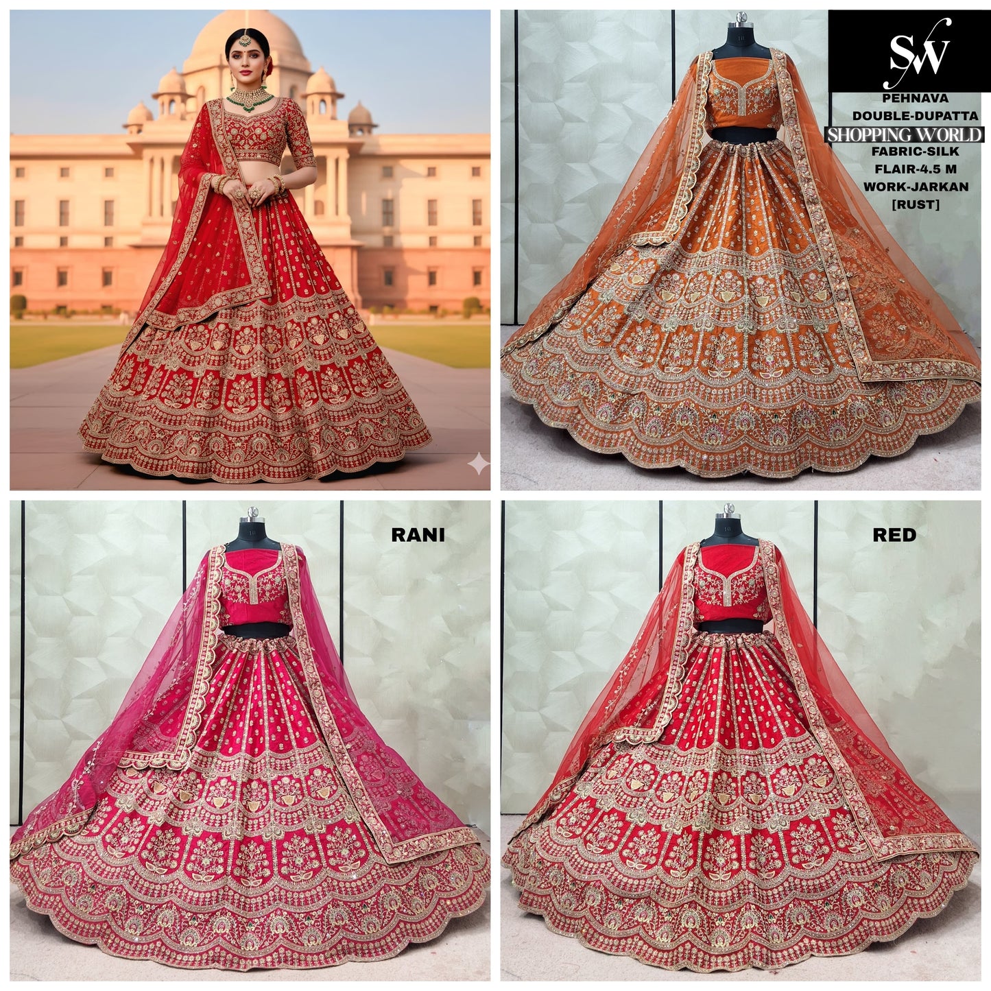 Charming Rust Orange Red Rani pink Silk Double Dupatta Bridal Lehenga
