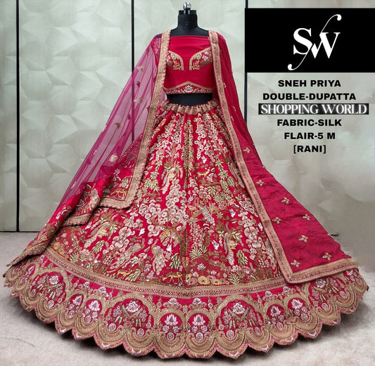 Fabulous Rust Orange Peacock Double Dupatta Silk Bridal Lehenga
