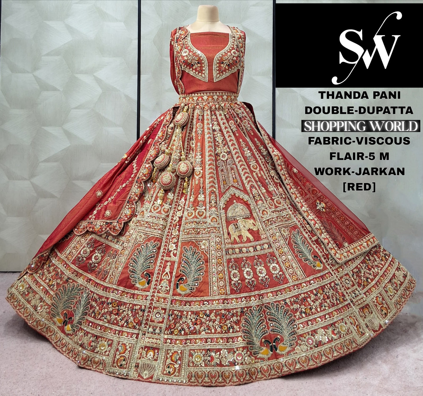 Lovely Red peacock Double Dupatta Viscous Bridal Lehenga