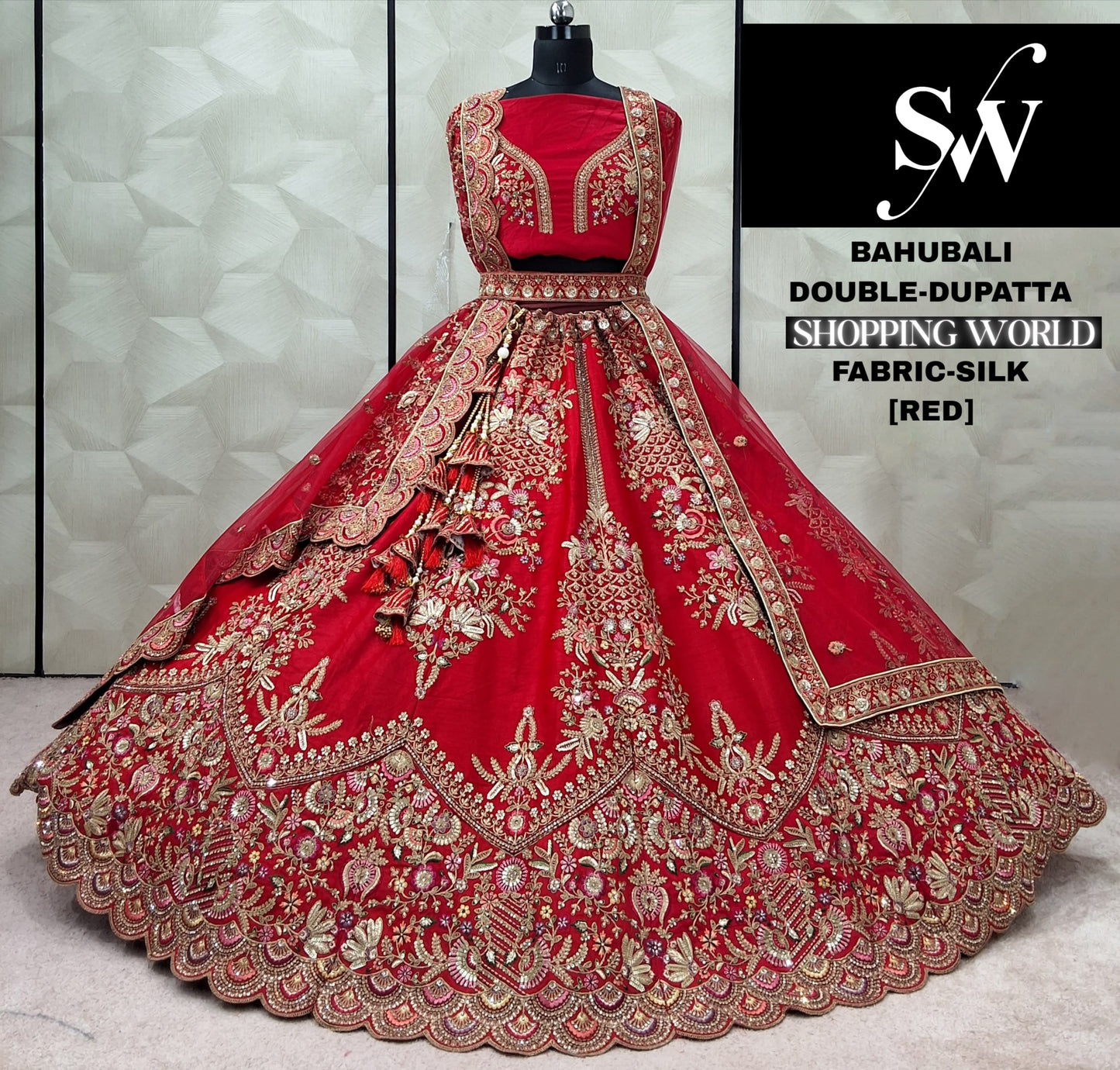 Attractive Red Silk Double Dupatta Bridal Lehenga