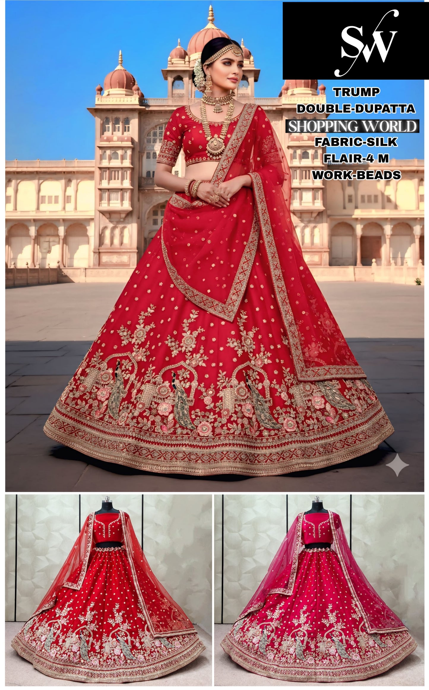 Lavishing Red Rani pink Silk Double Dupatta Bridal Lehenga