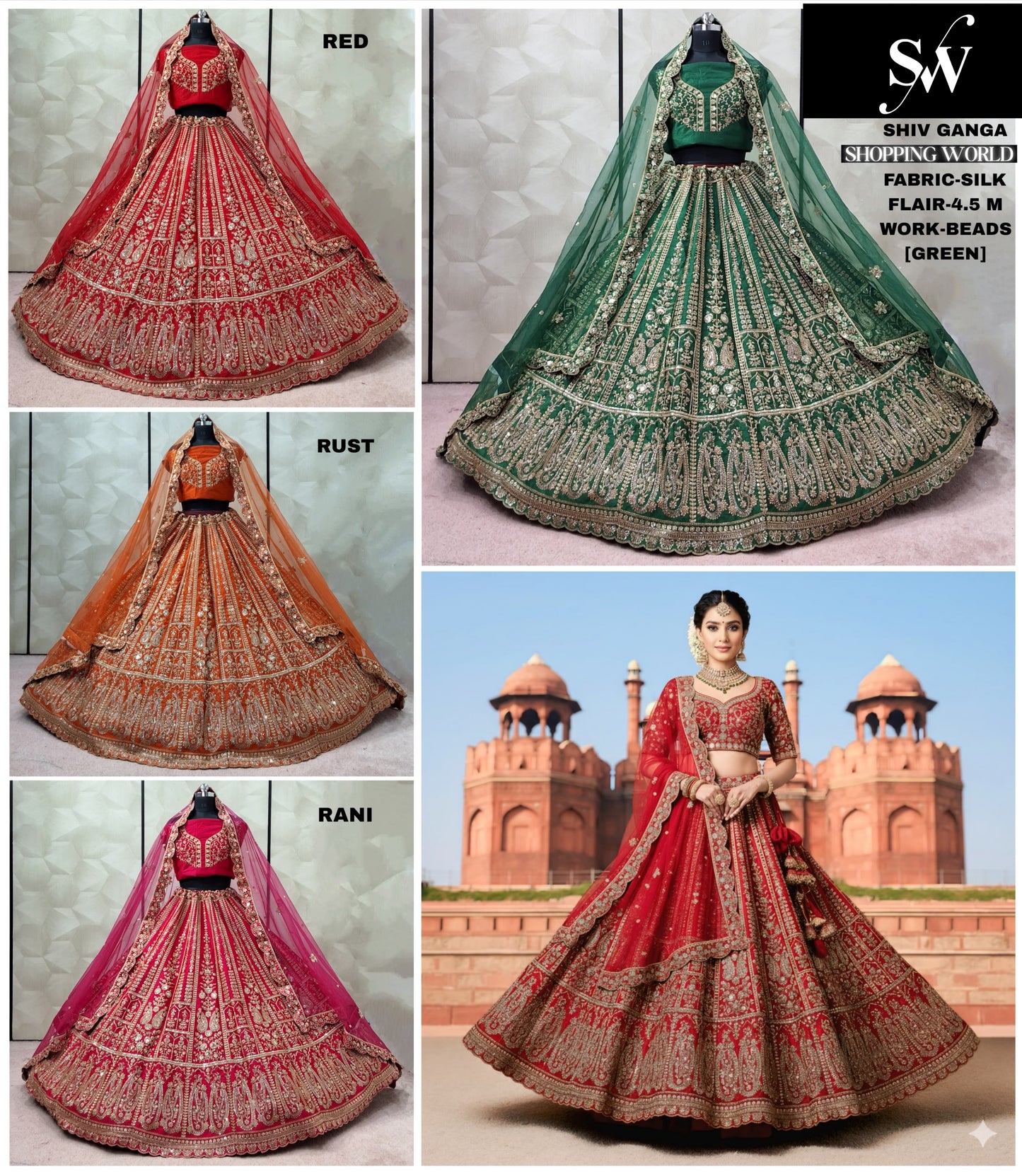 Fantastic Rani pink red Rust Orange Green Silk Bridal Lehenga