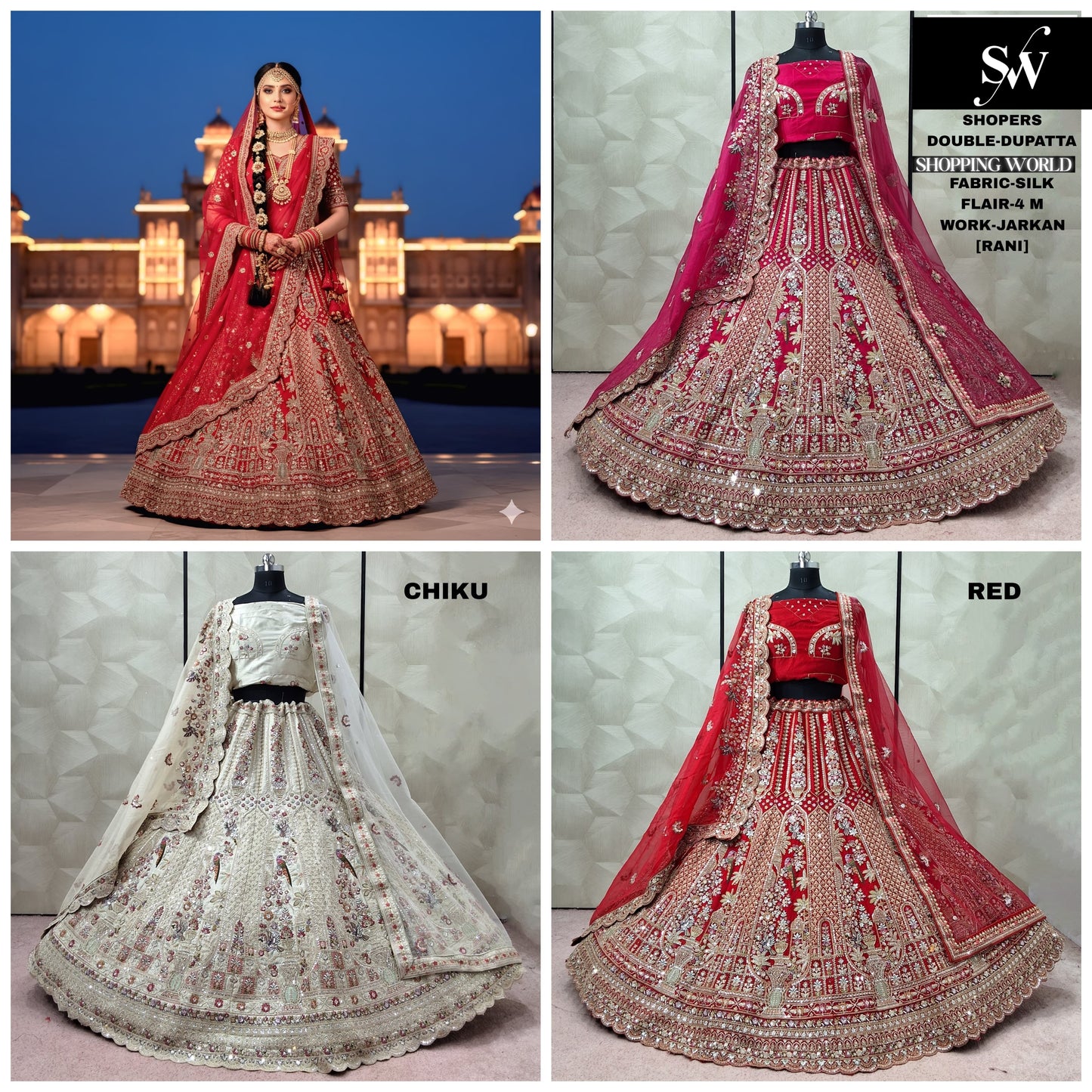 Amazing Rani pink red Chiku golden Double Dupatta Silk Bridal Lehenga