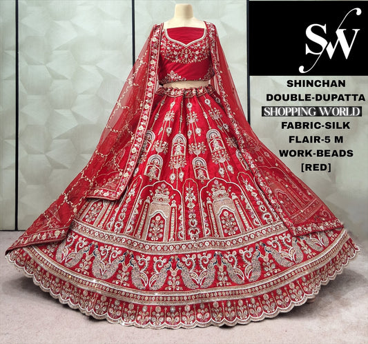 Glamorous Rani pink peacock Silk Double Dupatta Bridal Lehenga