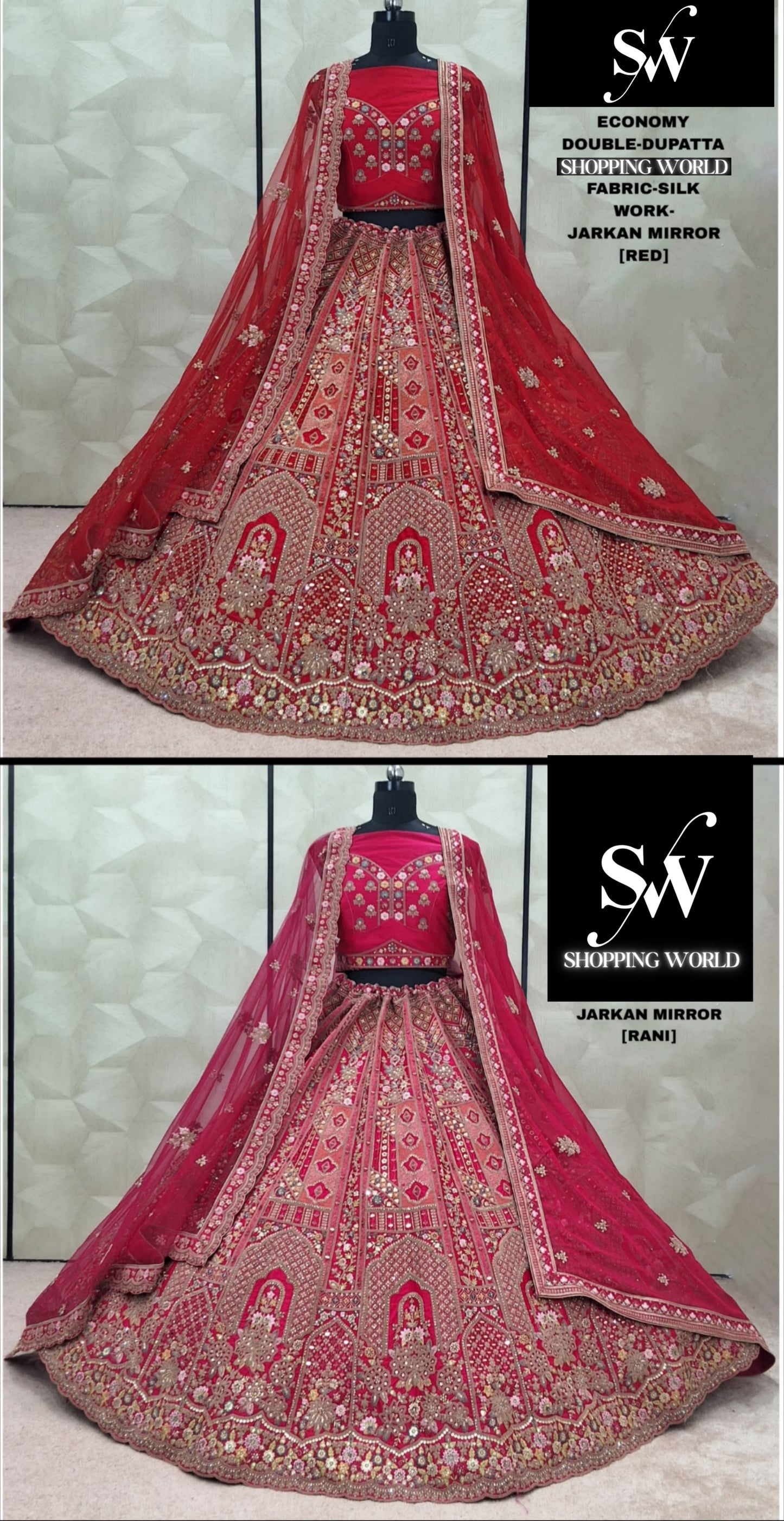Eye Catching Red Rani pink Double Dupatta Silk Bridal Lehenga