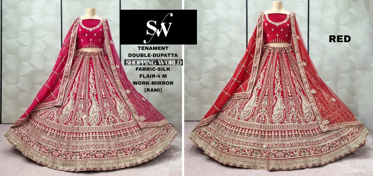 Lovely Red Rani pink Silk Double Dupatta Bridal Lehenga