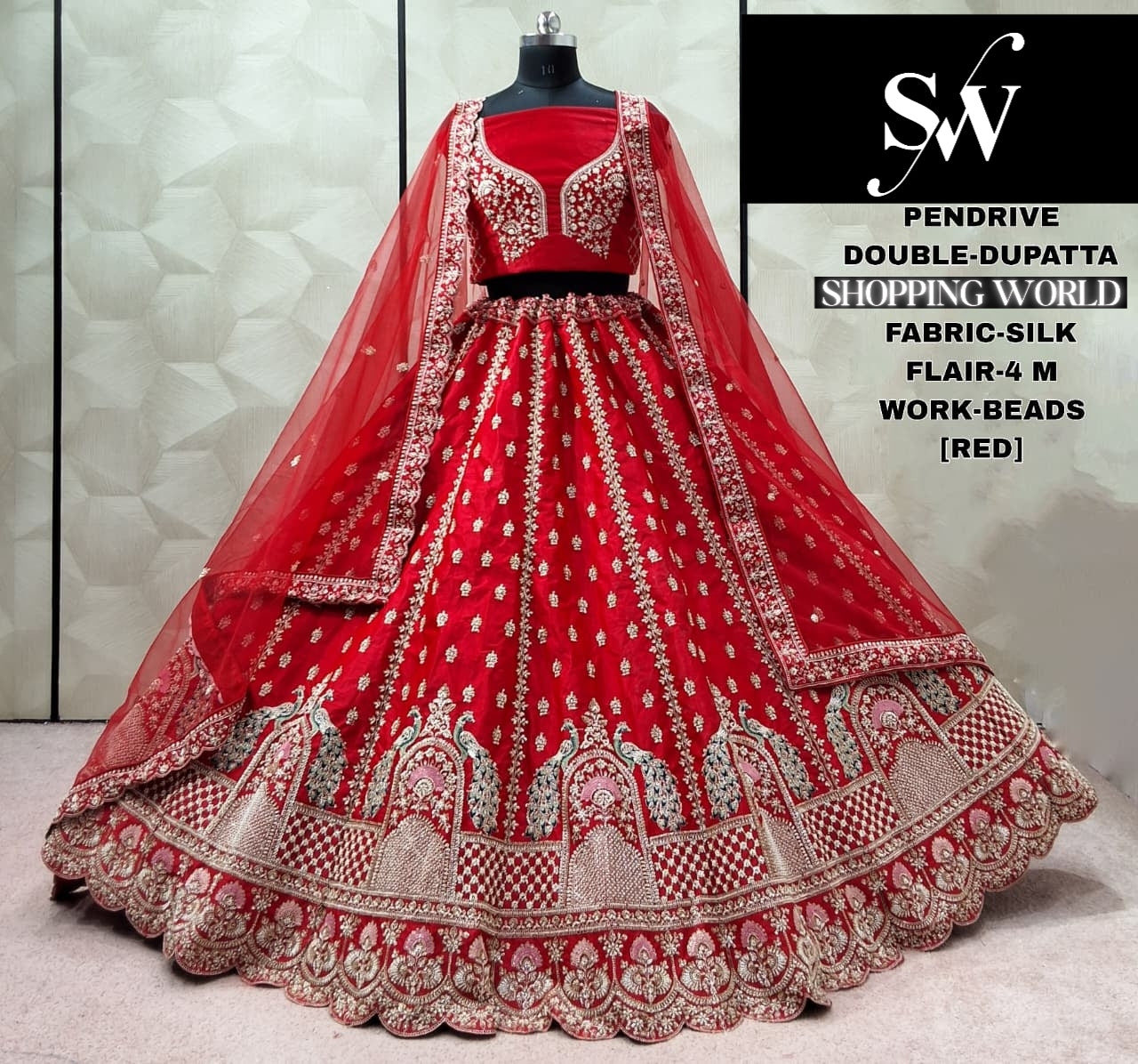 Stunning Rani pink Silk Double Dupatta Peacock Bridal Lehenga