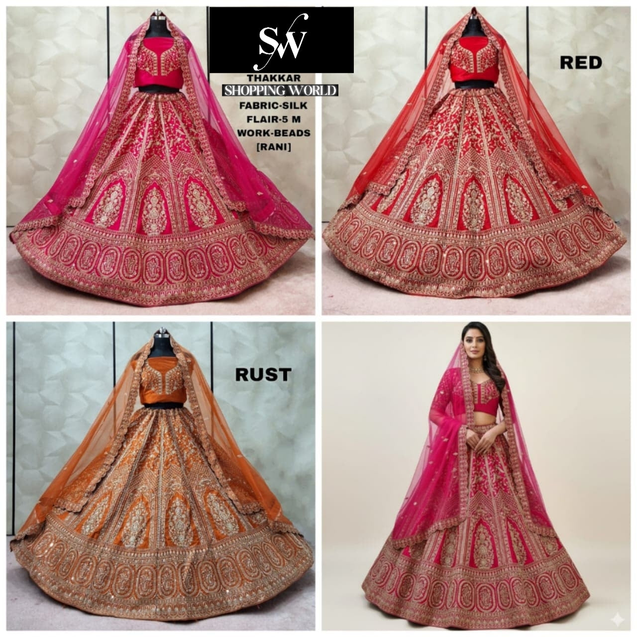 Gorgeous Red Rani pink Rust Orange Silk Bridal Lehenga