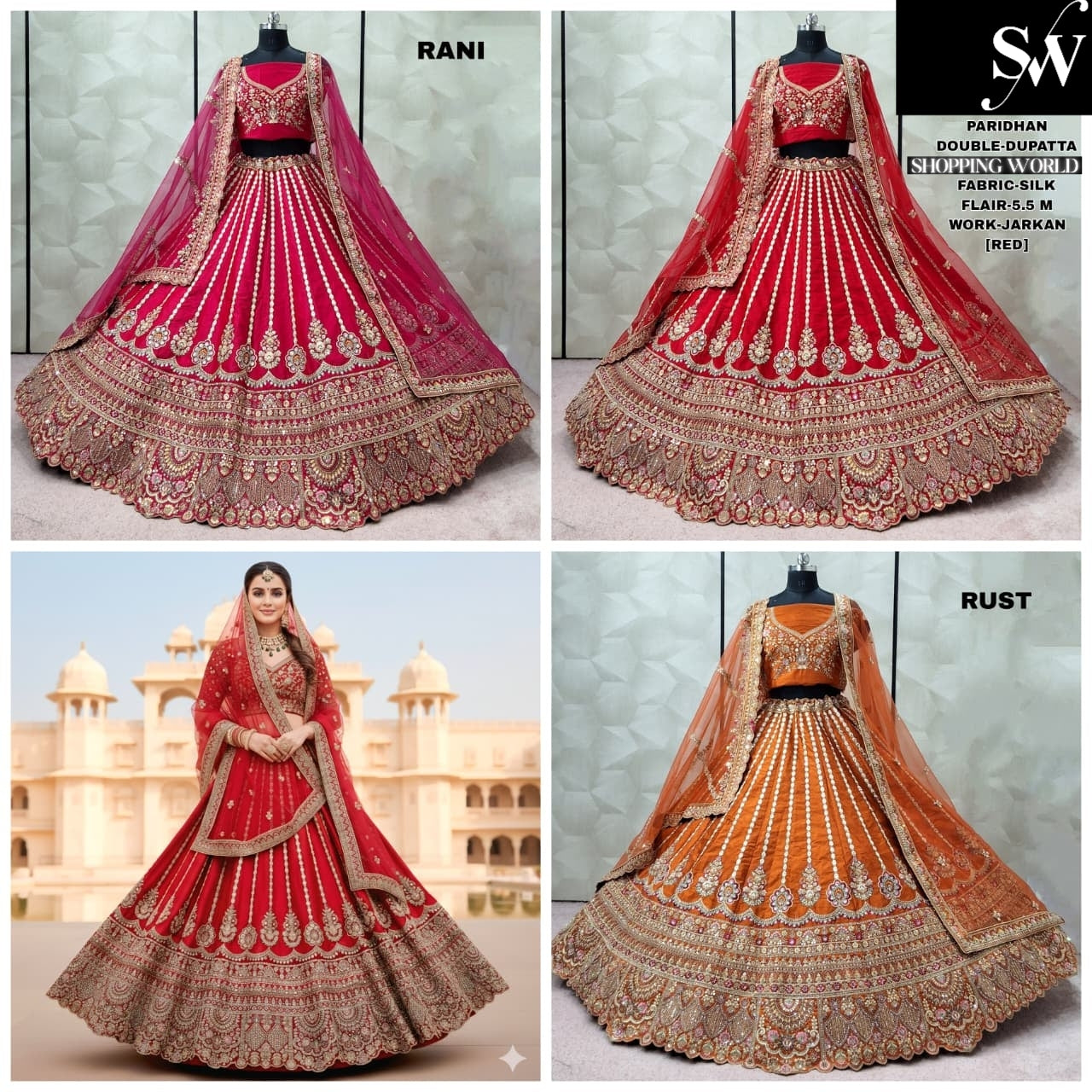 Astonishing Red Rani pink Rust Orange Silk Double Dupatta Bridal Lehenga