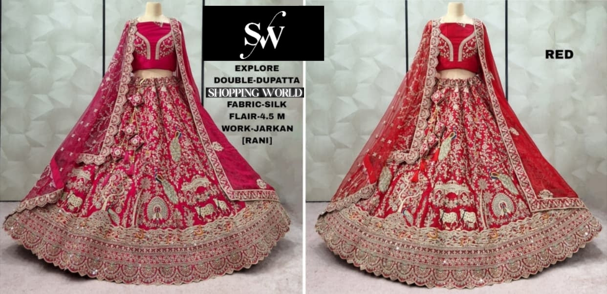 Attractive Red Rani pink Silk Double Dupatta Peacock Bridal Lehenga