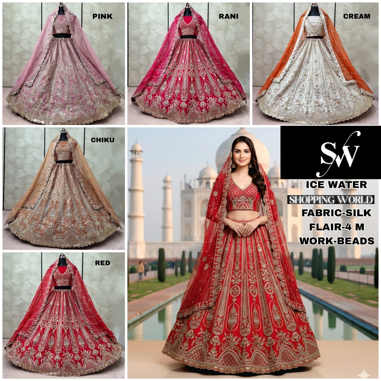 Engaging Red Rani pink Chiku golden pink Cream Silk Bridal Lehenga