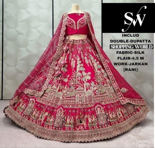 Eye catching Rani pink Silk Double Dupatta Bridal Lehenga