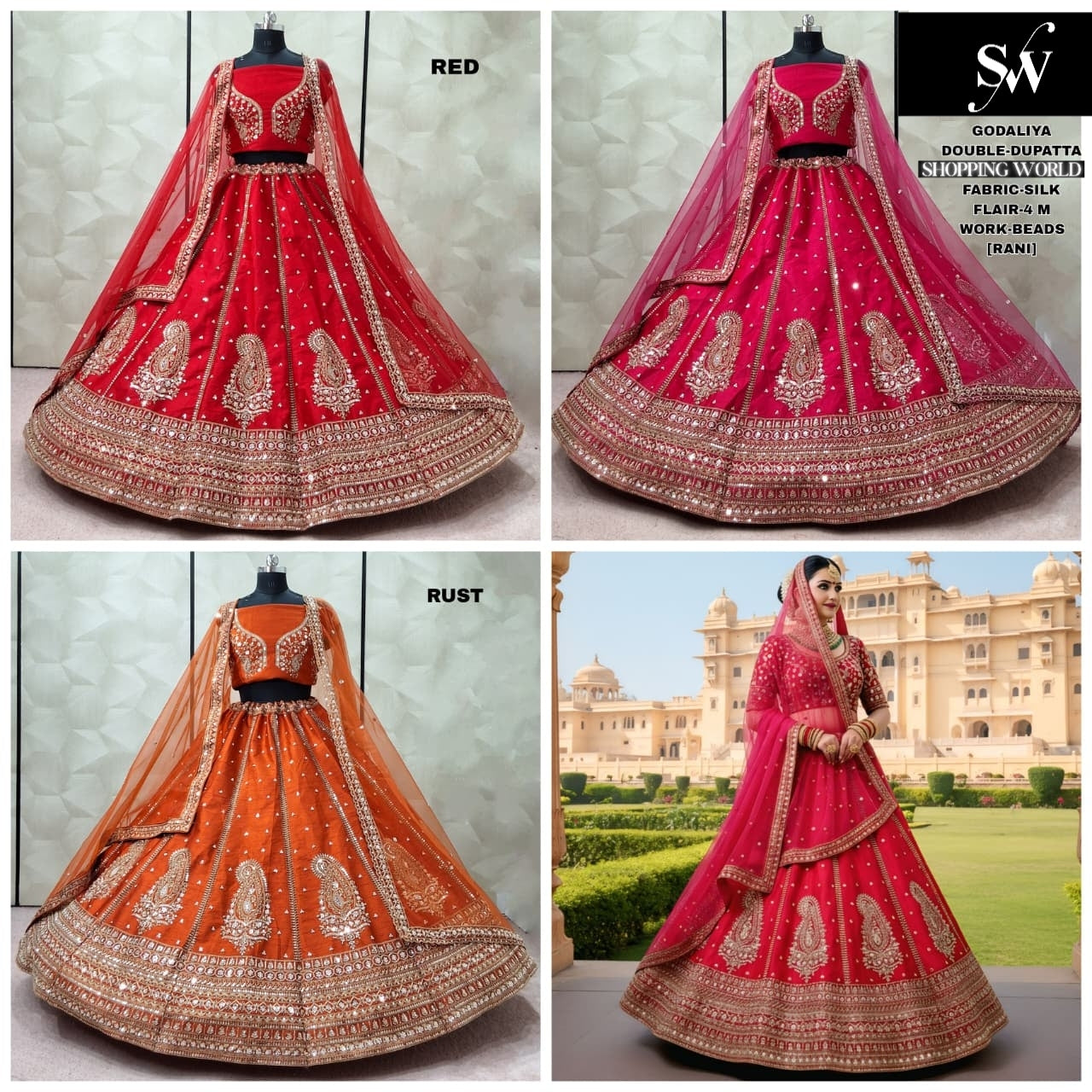Charming Red Rani pink Rust Orange Silk Double Dupatta Bridal Lehenga