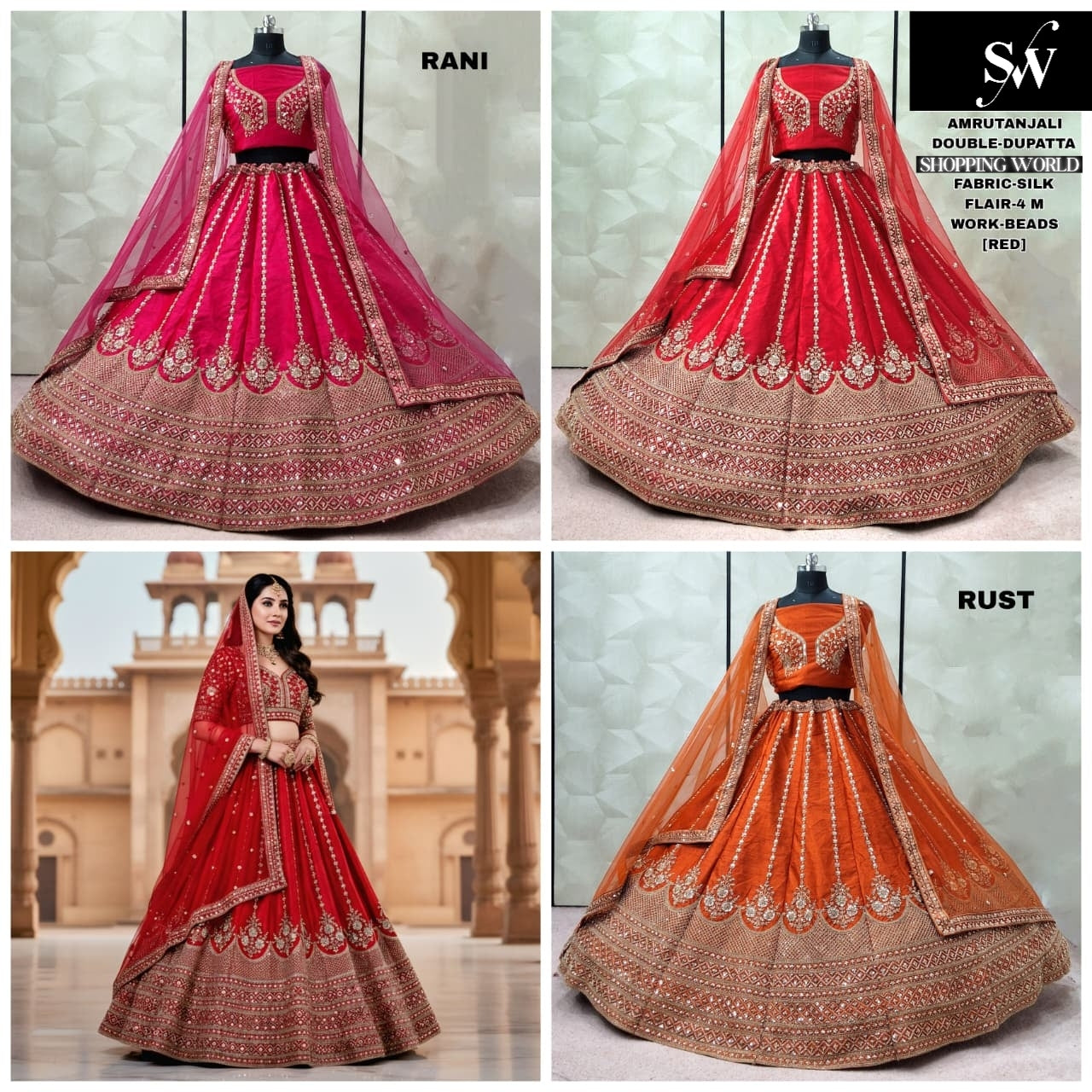Majestic Red Rani pink Rust Orange Silk Double Dupatta Bridal Lehenga