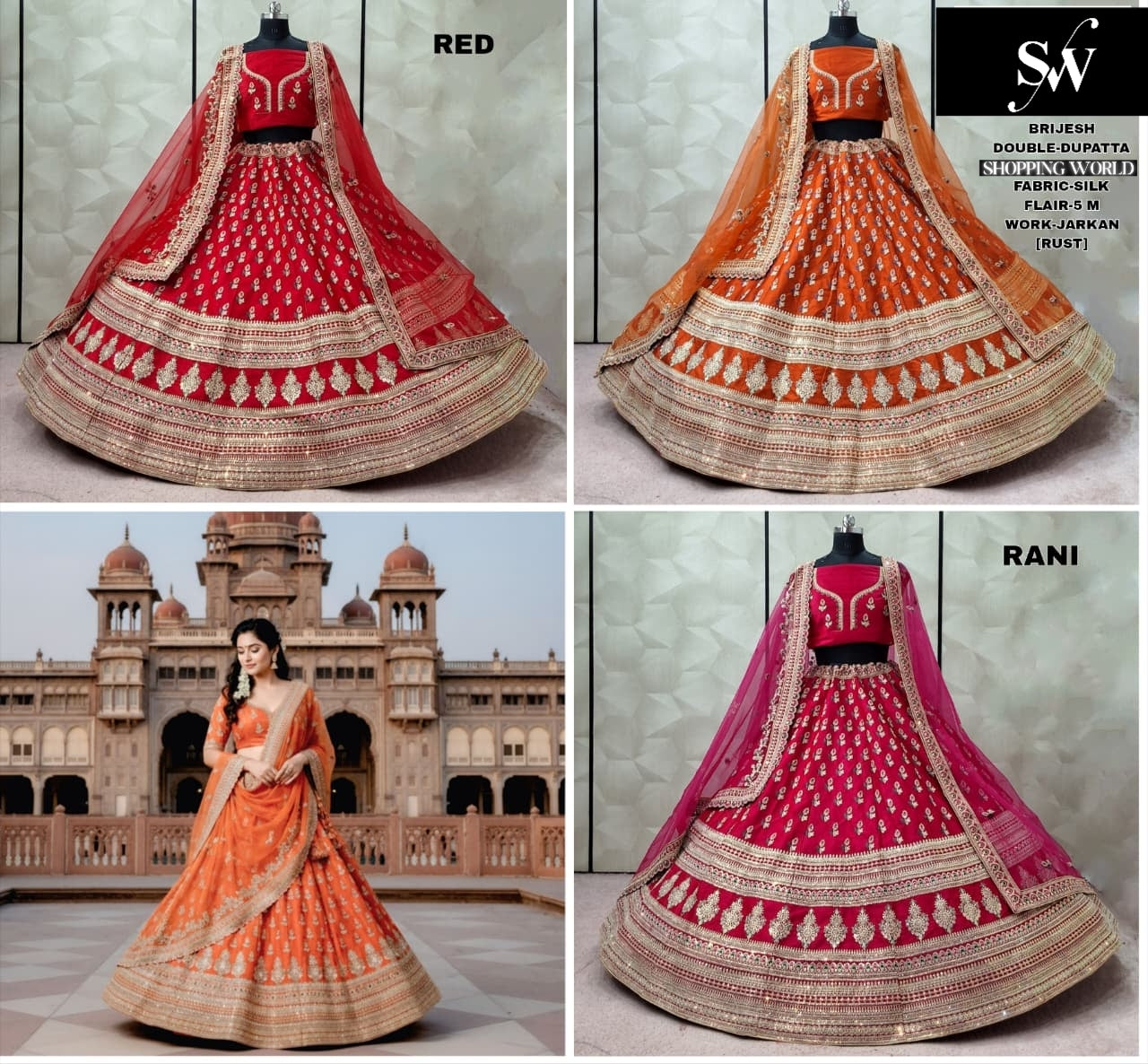 Pleasing Red Rani pink Rust Orange Silk Double Dupatta Bridal Lehenga
