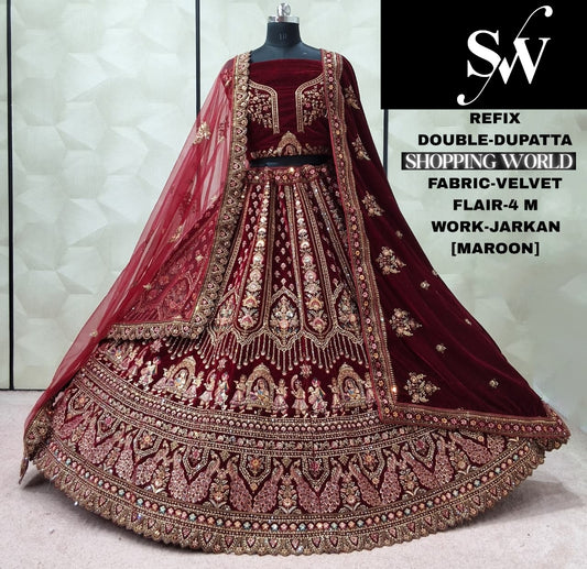 Astonishing Maroon Doli Barat Double Dupatta Velvet Bridal Lehenga