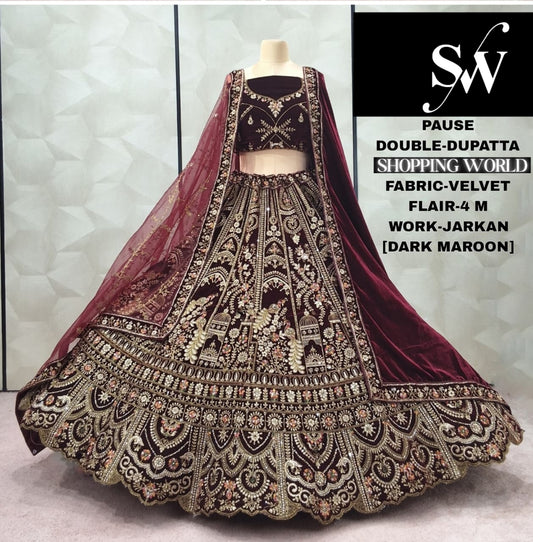 Pretty Maroon peacock Double Dupatta Velvet Bridal Lehenga