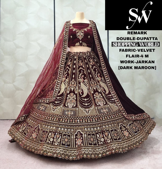Embellished Peacock Maroon Double Dupatta Velvet Bridal Lehenga