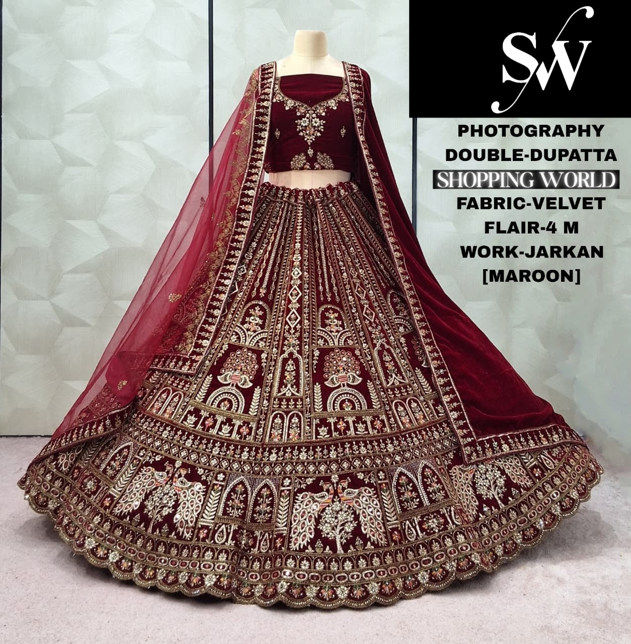 Majestic Peacock Dark Maroon Double Dupatta Velvet Bridal Lehenga