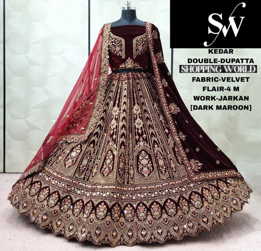 Beautiful Dark Maroon Doli Barat Double Dupatta Velvet Bridal Lehenga