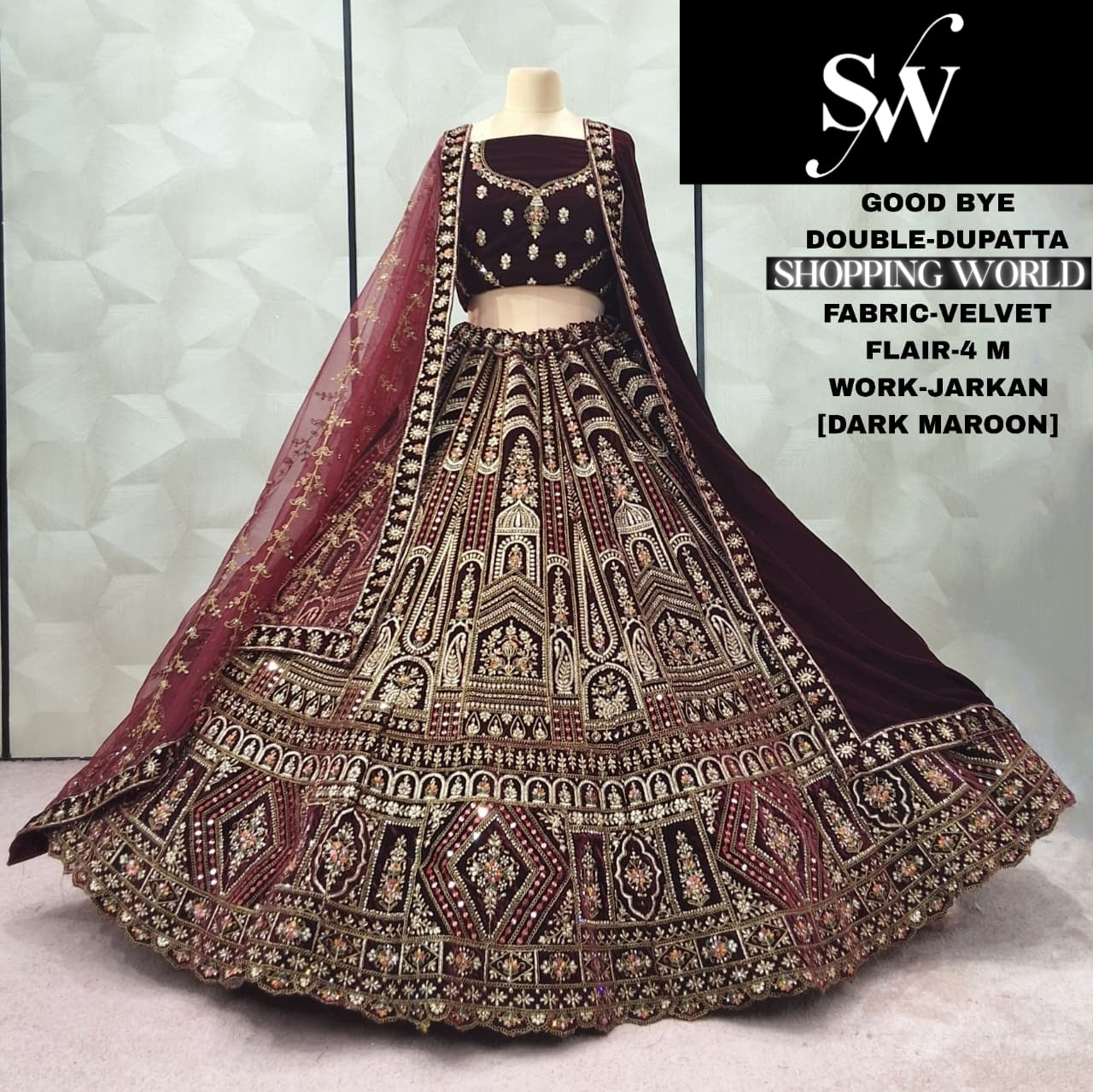 Fabulous Maroon Double Dupatta Velvet Bridal Lehenga