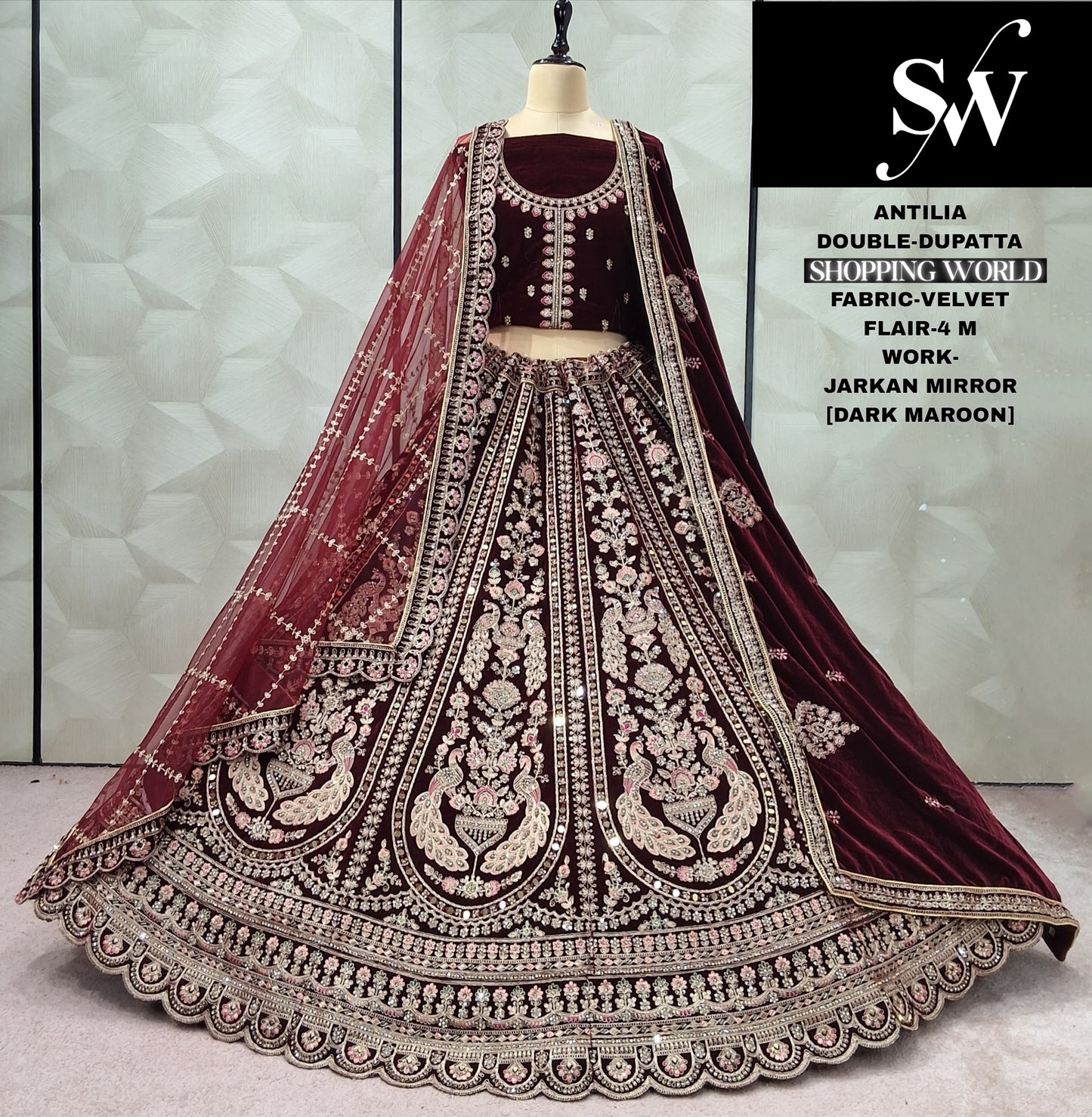 Engaging peacock Maroon Double Dupatta Velvet Bridal Lehenga
