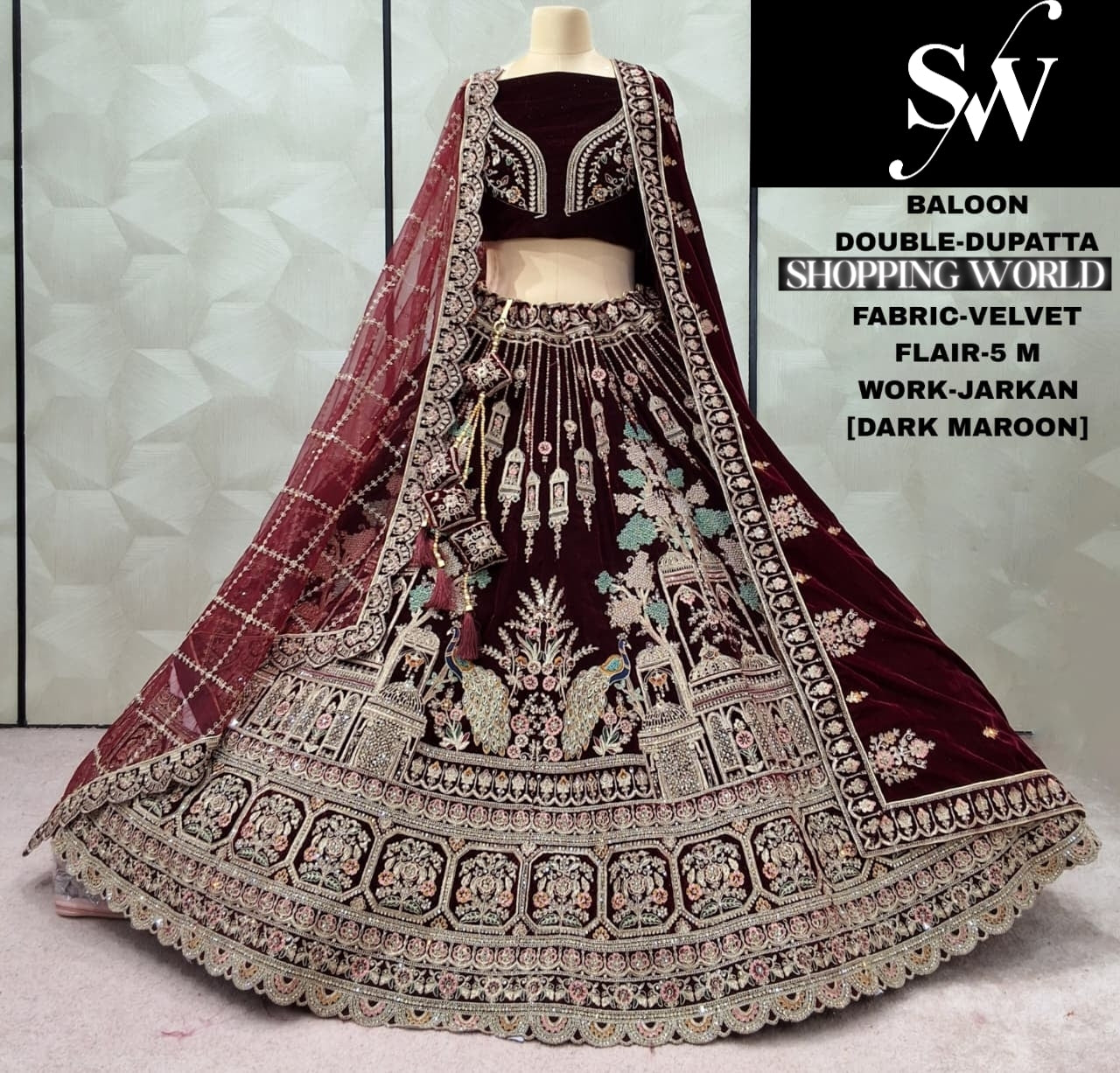 Amazing peacock Maroon Double Dupatta Velvet Bridal Lehenga