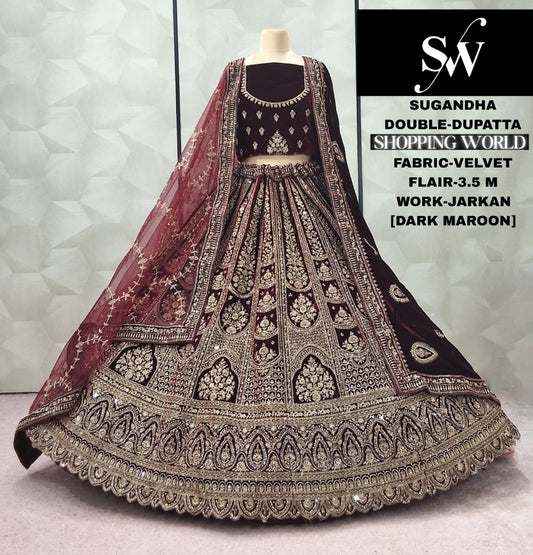 Glamorous Maroon Doli Barat Double Dupatta Velvet Bridal Lehenga