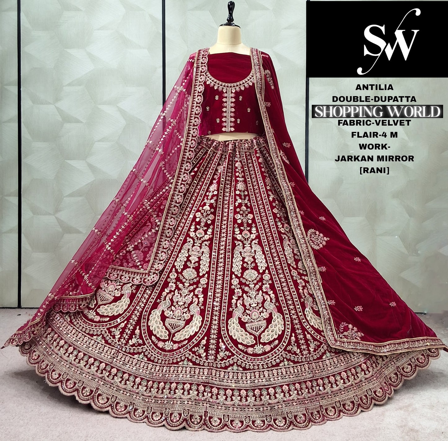 Elegant peacock Dark Maroon Double Dupatta Velvet Bridal Lehenga