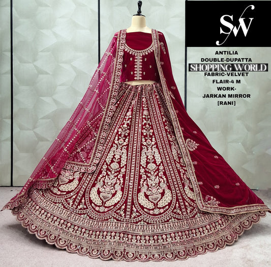 Elegant peacock Dark Maroon Double Dupatta Velvet Bridal Lehenga