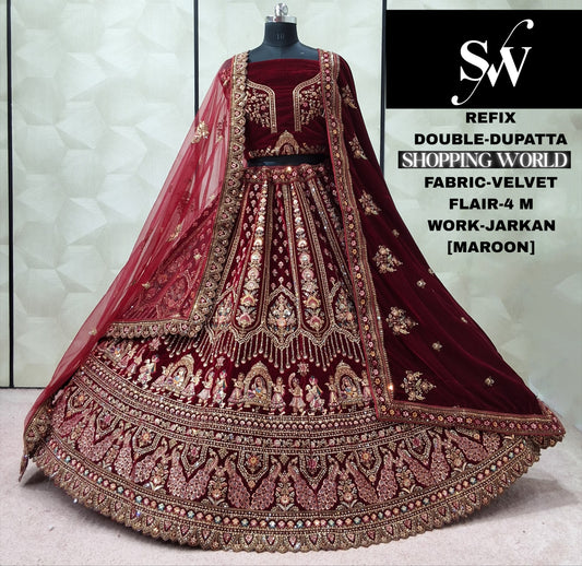 Attractive Dark Maroon Doli Barat Double Dupatta Velvet Bridal Lehenga