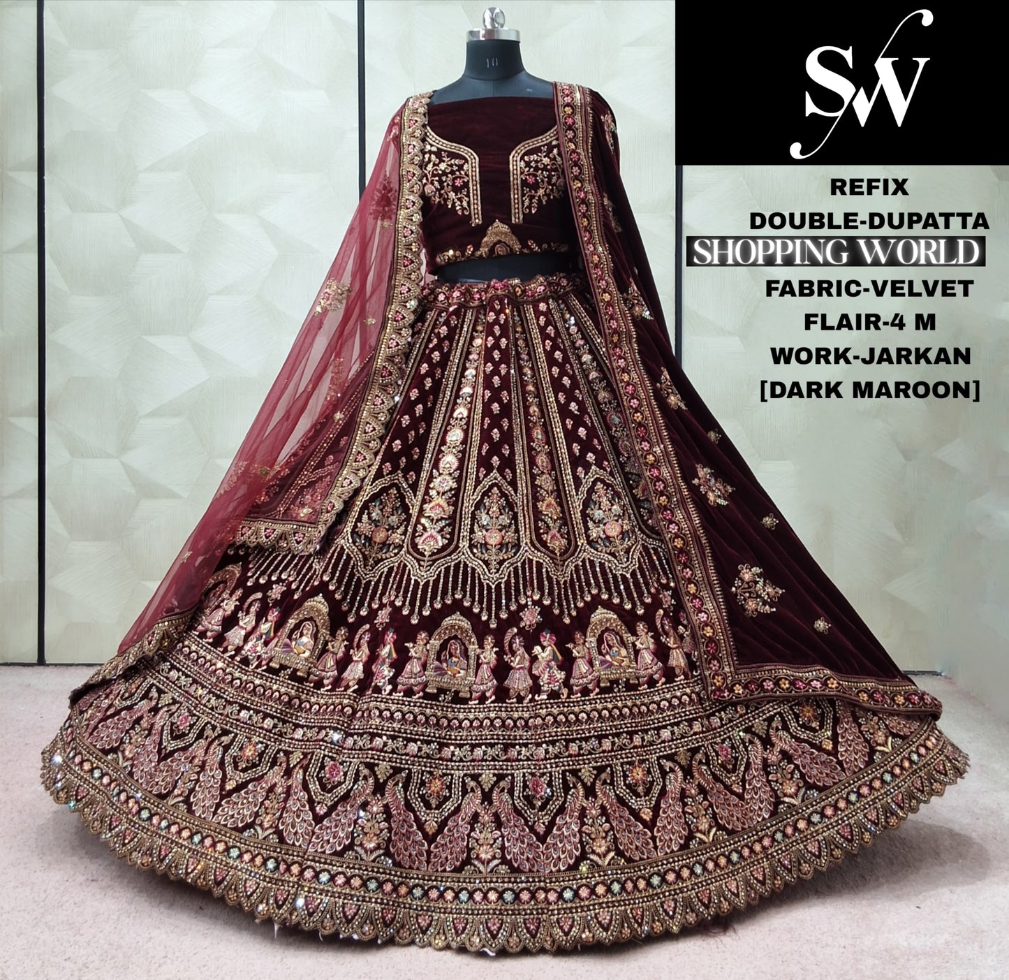 Astonishing Maroon Doli Barat Double Dupatta Velvet Bridal Lehenga