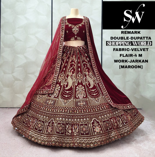 Delightful peacock Dark Maroon Double Dupatta Velvet Bridal Lehenga