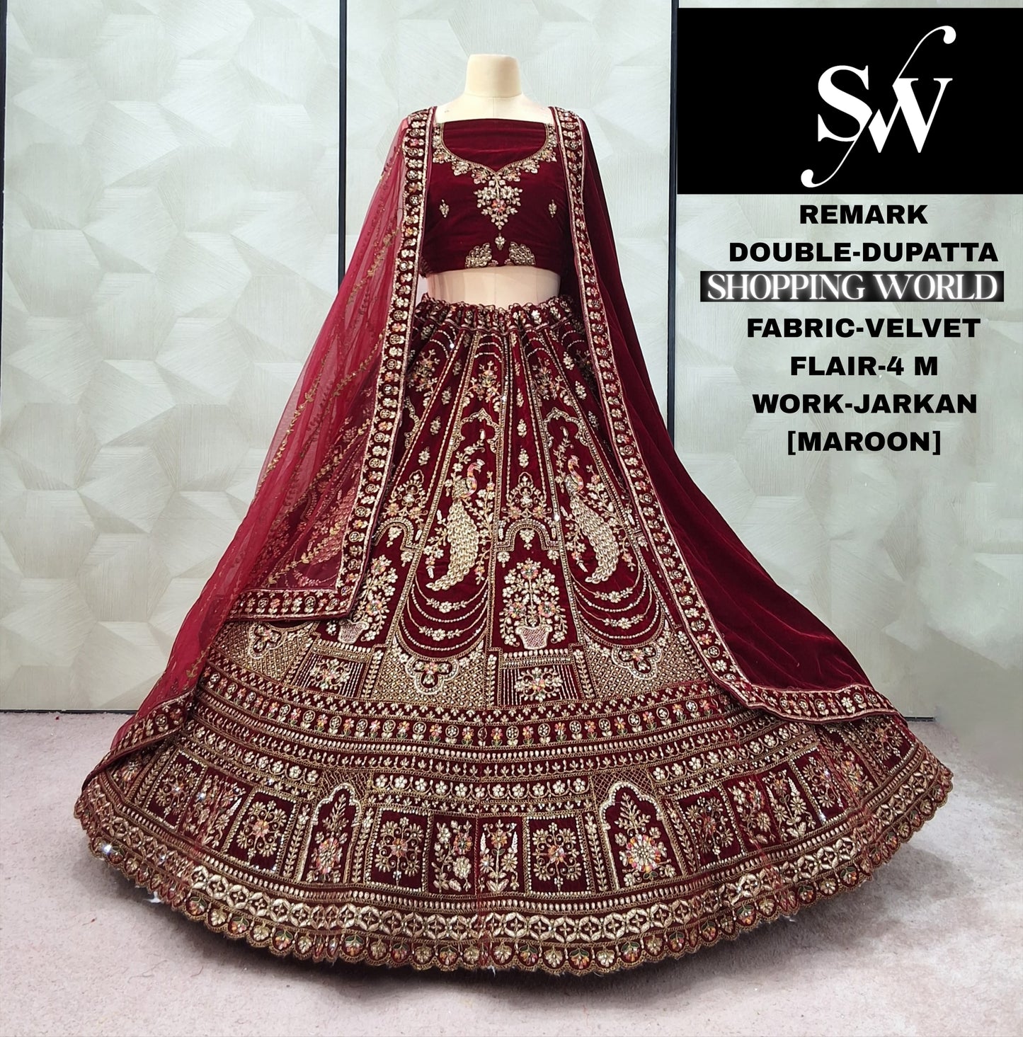 Embellished Peacock Maroon Double Dupatta Velvet Bridal Lehenga