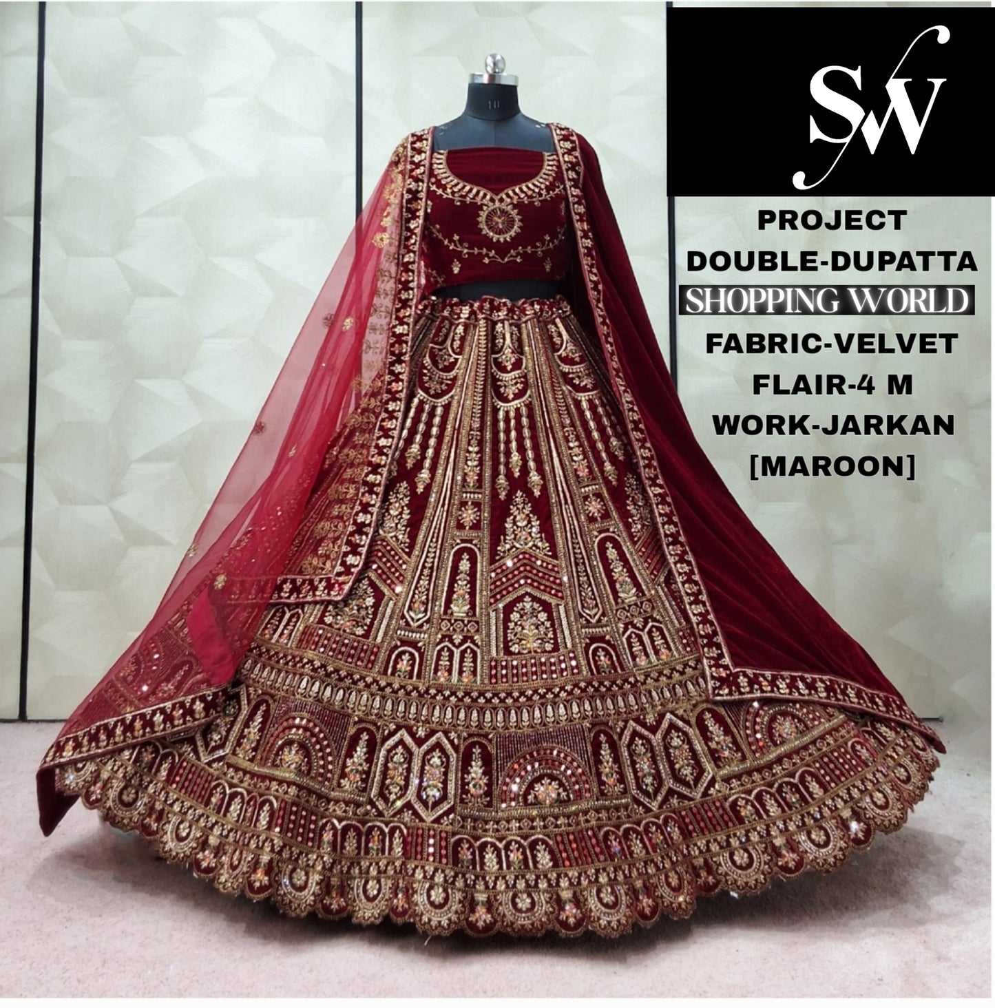 مذهلة الظلام المارون دولي بارات مزدوجة Dupatta المخملية الزفاف Lehenga