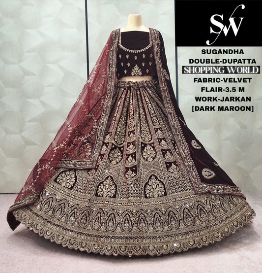 Gorgeous Dark Maroon Doli Barat Double Dupatta Velvet Bridal Lehenga