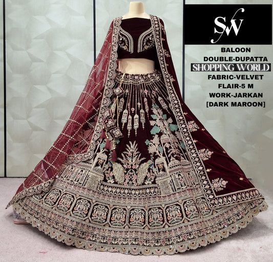 Amazing peacock Maroon Double Dupatta Velvet Bridal Lehenga