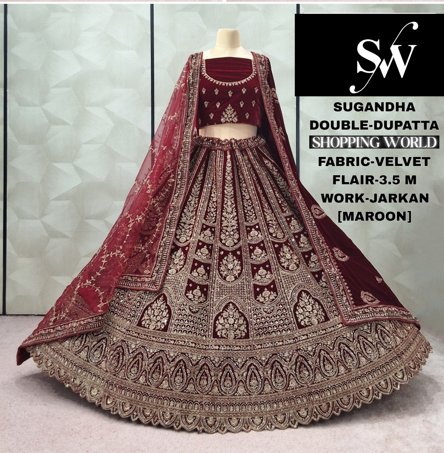 Gorgeous Dark Maroon Doli Barat Double Dupatta Velvet Bridal Lehenga