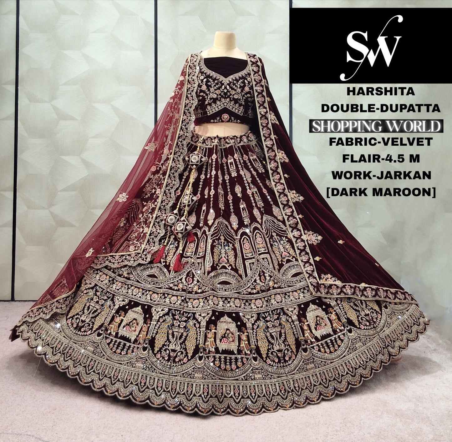 Designer Dark Maroon Doli Barat Double Dupatta Velvet Bridal Lehenga