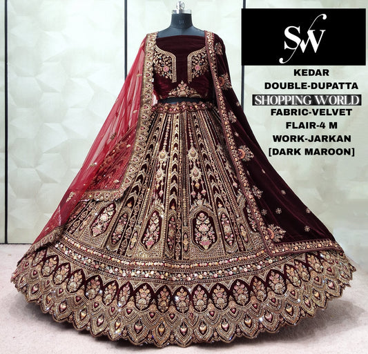 Khoobsurat Raspberry Double Dupatta Velvet Bridal Lehenga