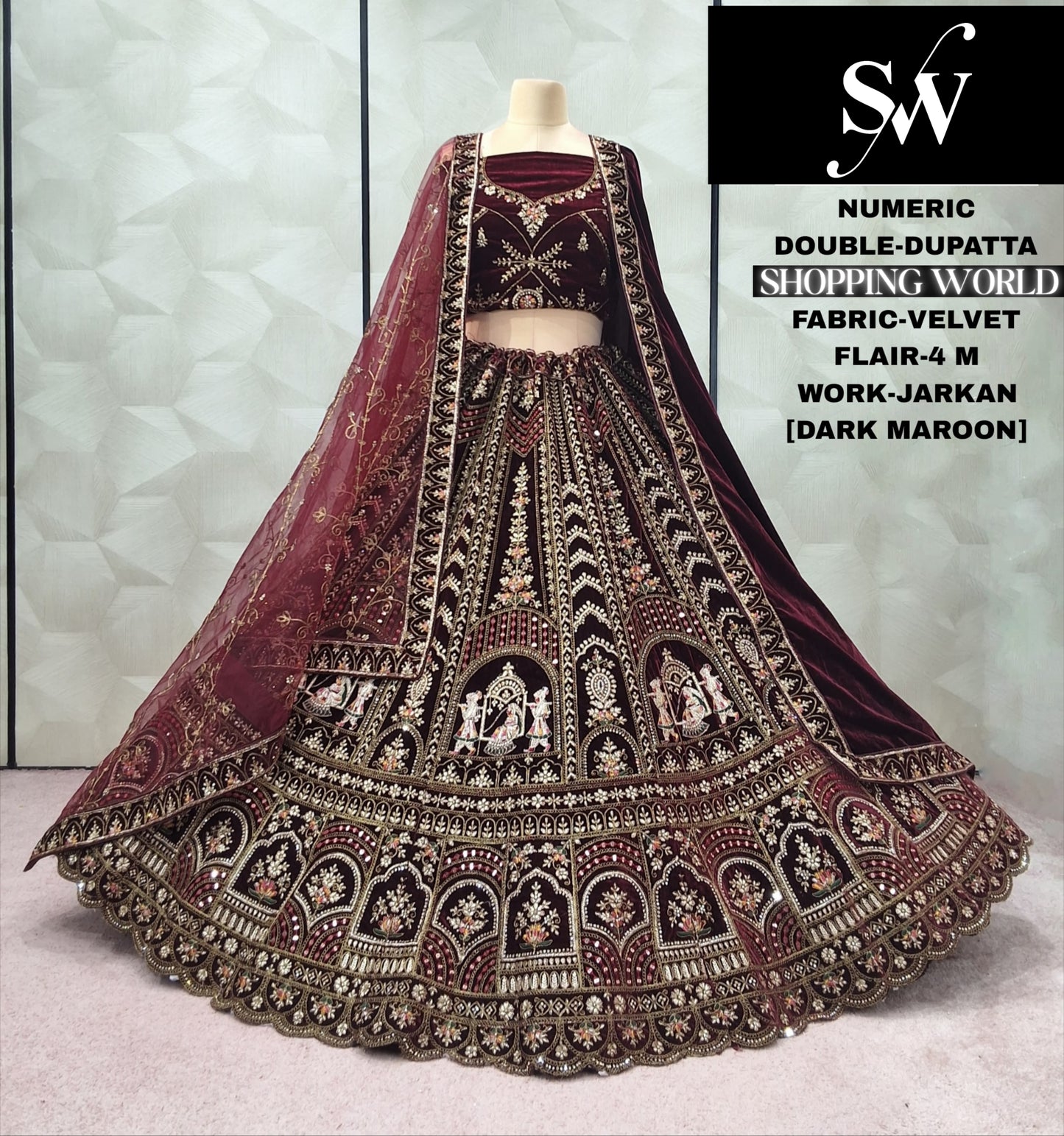 Lovely Dark Maroon Doli Barat Double Dupatta Velvet Bridal Lehenga