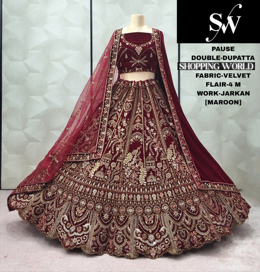 Tremendous Dark Maroon peacock Double Dupatta Velvet Bridal Lehenga